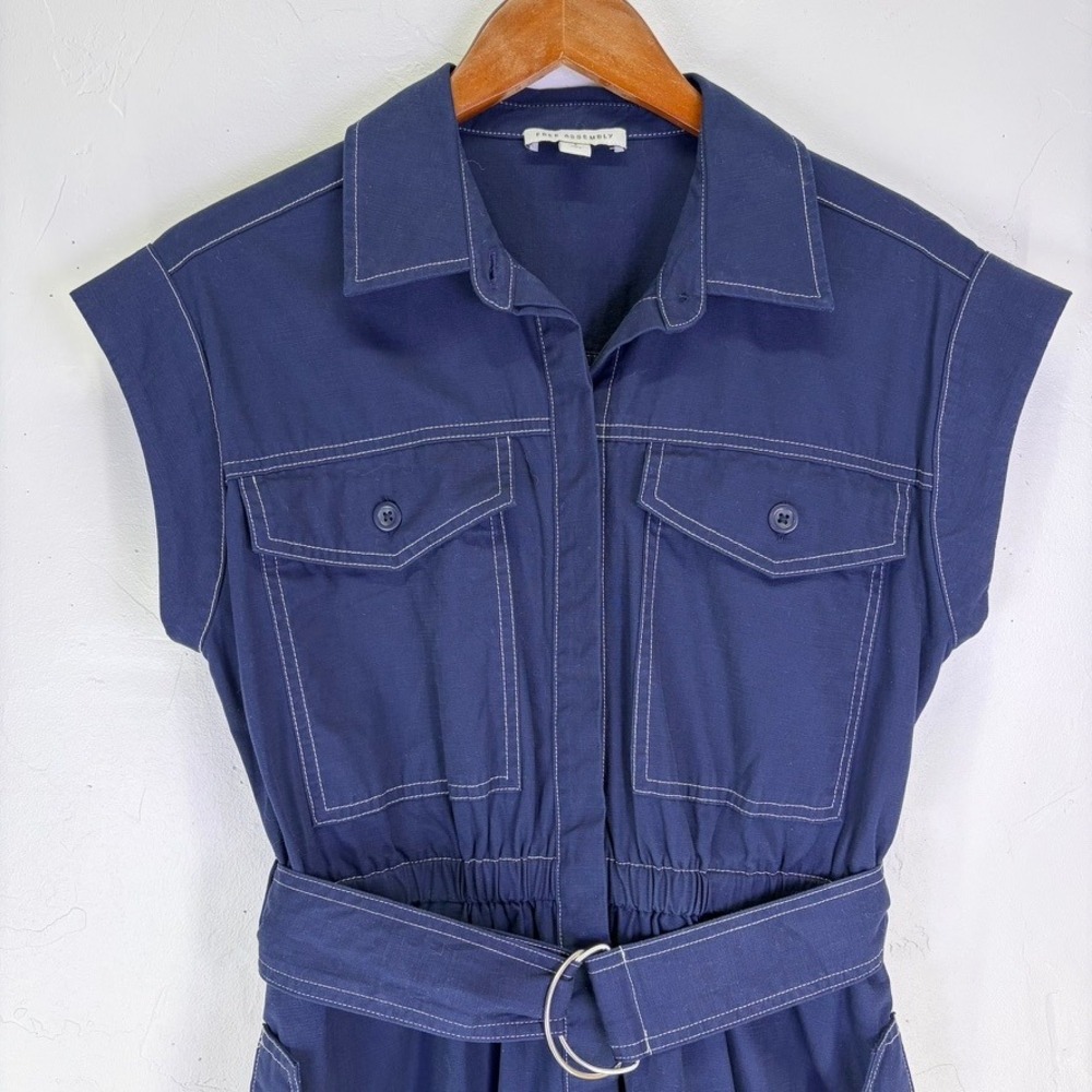 Women's Navy Blue Utility Midi Button Up Shirt Dress White Stitch Small Cotton - Picture 3 of 15